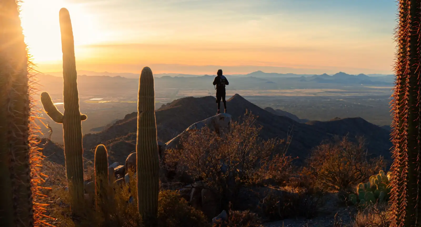 A hiker looks out over a desert landscape with the sun setting over Tucson, Arizona